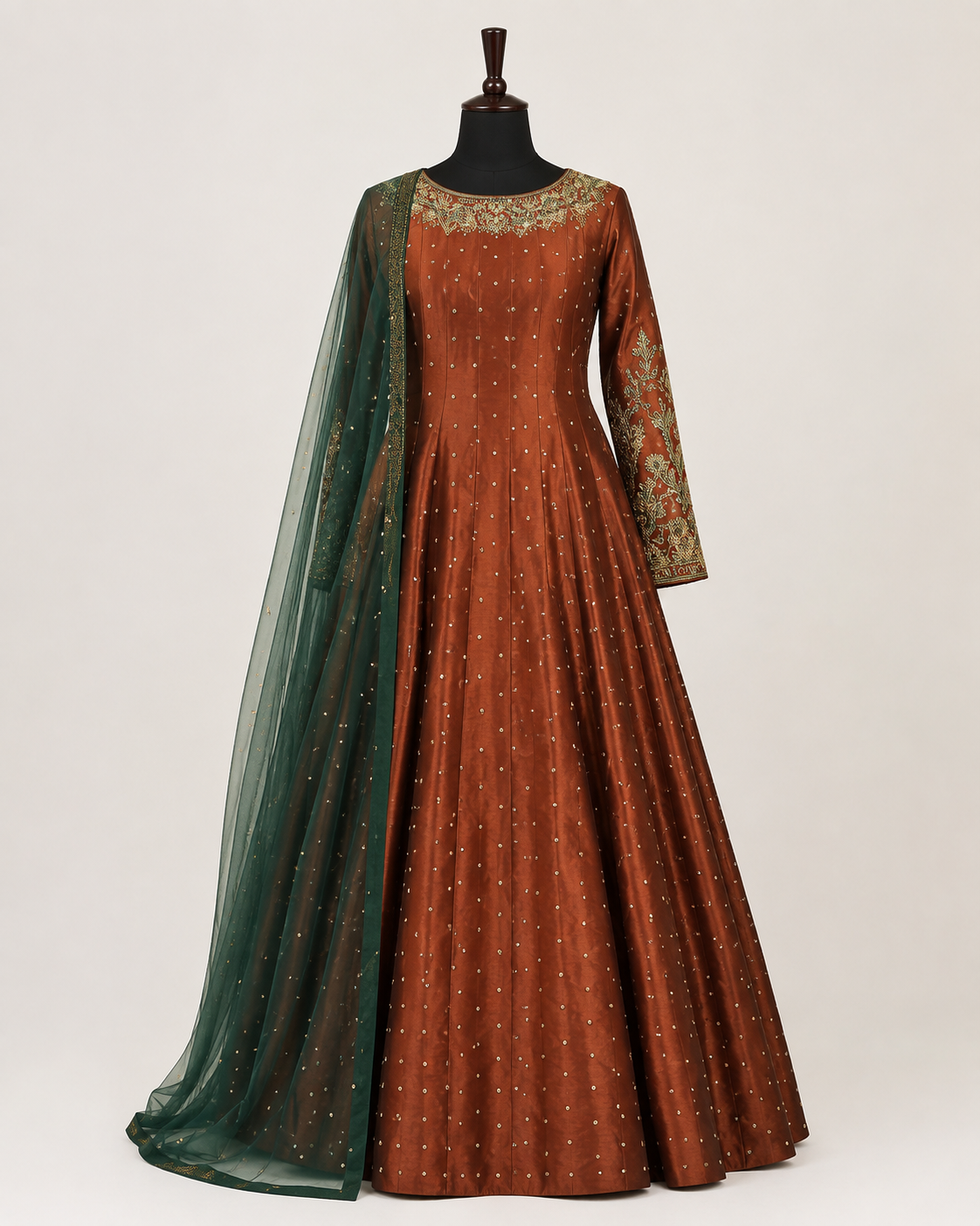 Rust Embroidered Anarkali with Green Dupatta