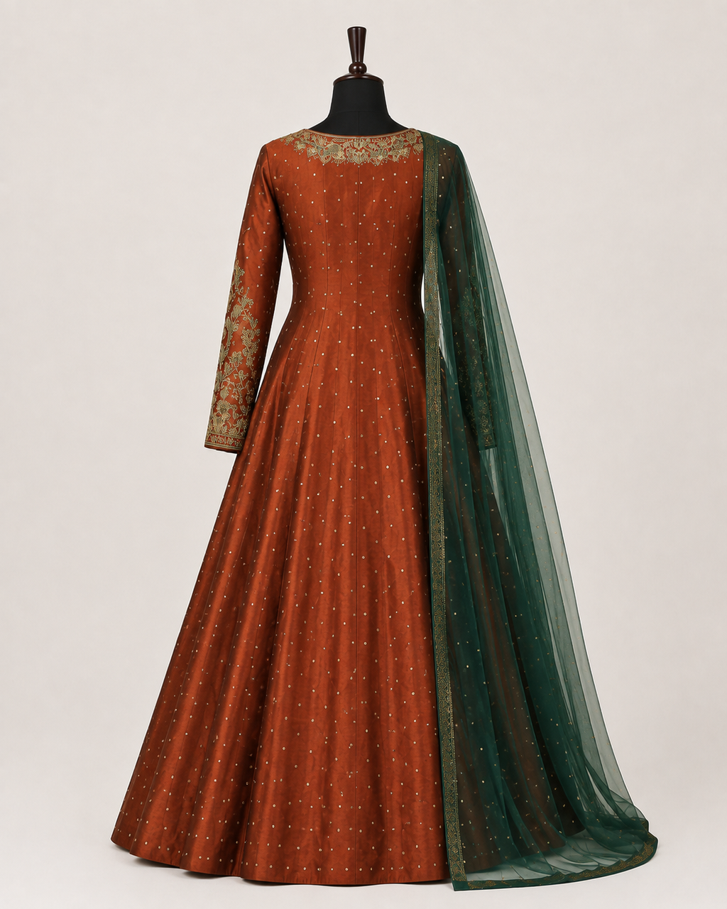 Rust Embroidered Anarkali with Green Dupatta