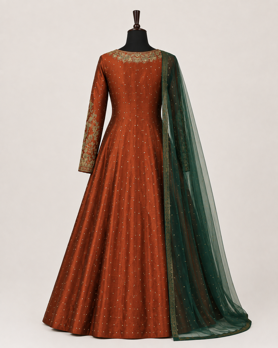 Rust Embroidered Anarkali with Green Dupatta