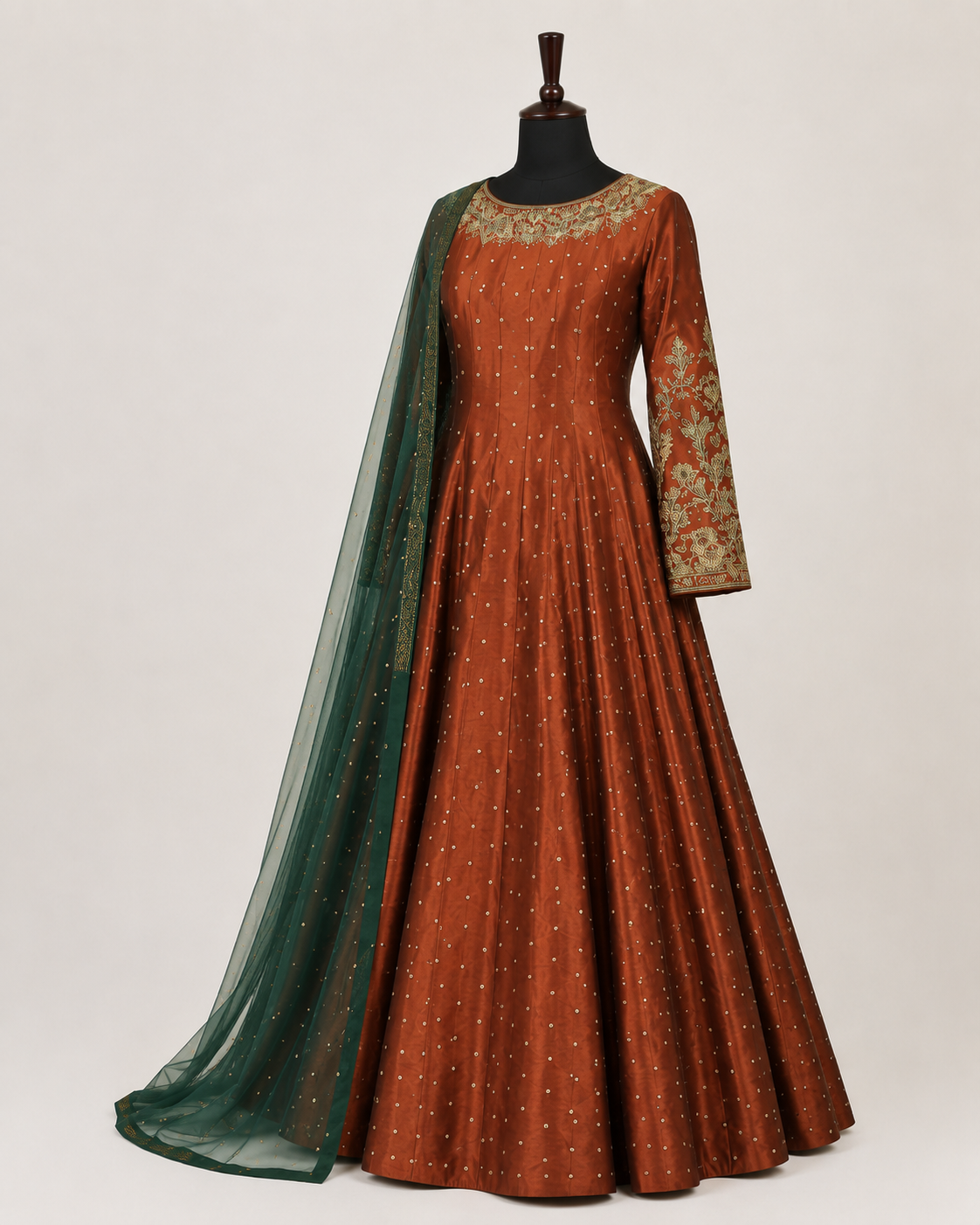 Rust Embroidered Anarkali with Green Dupatta