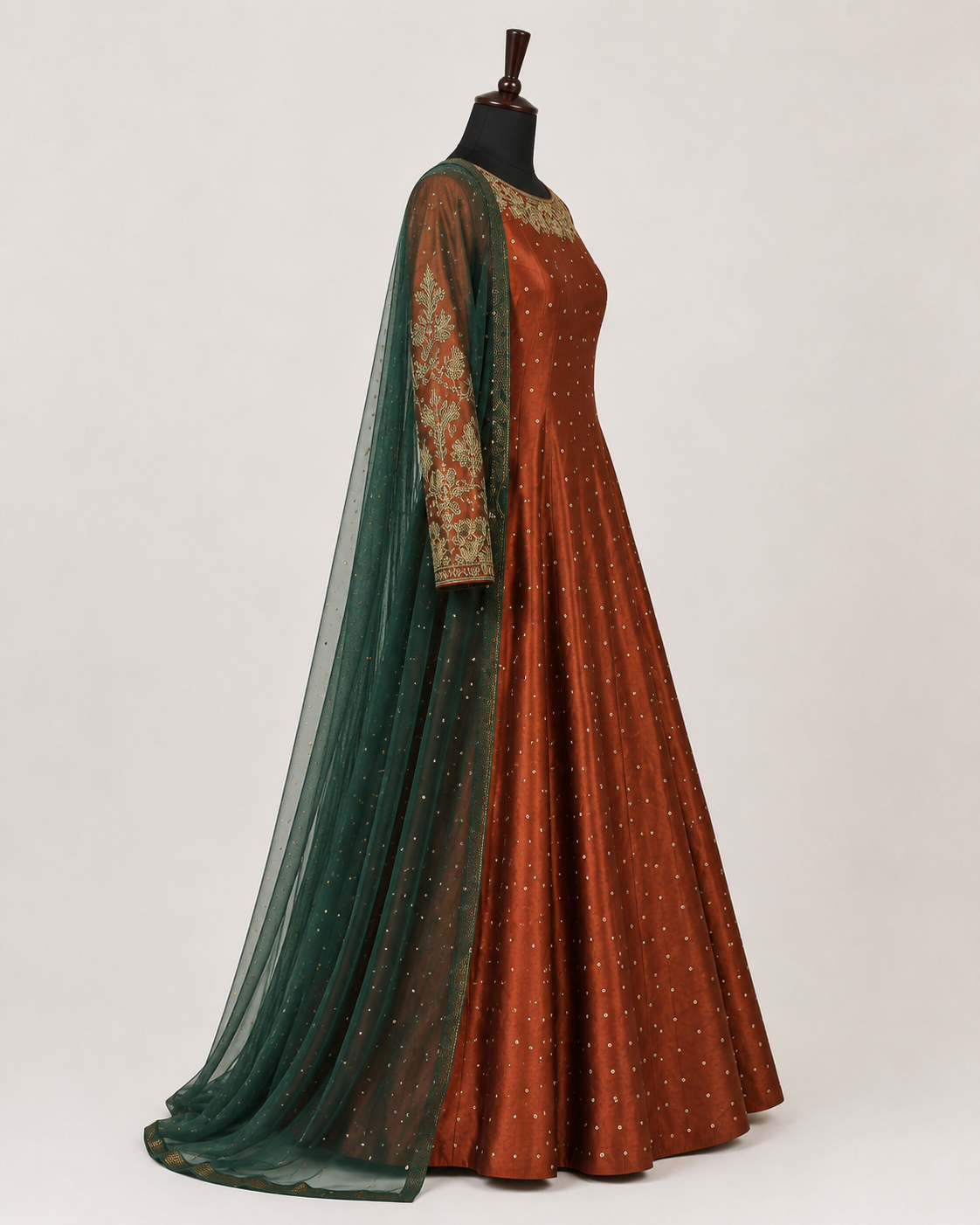 Rust Embroidered Anarkali with Green Dupatta