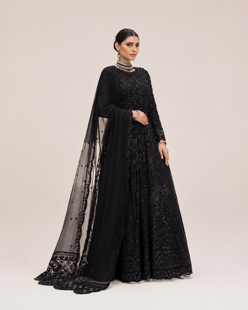 Midnight Noir Embellished Anarkali Gown with Sheer Dupatta