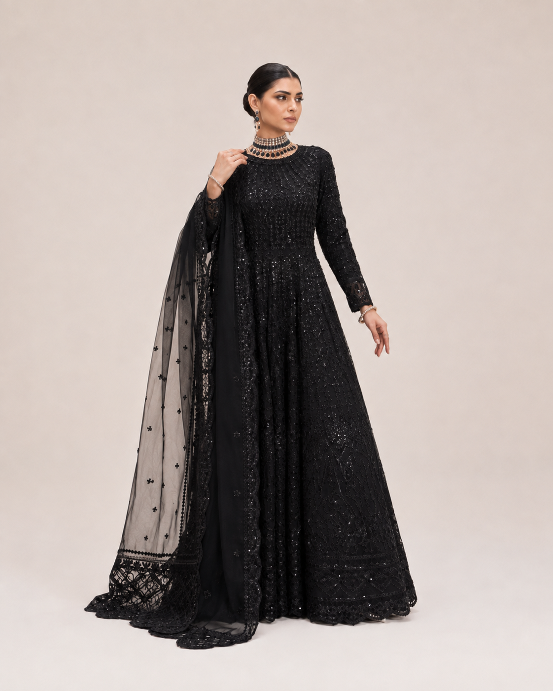 Midnight Noir Embellished Anarkali Gown with Sheer Dupatta