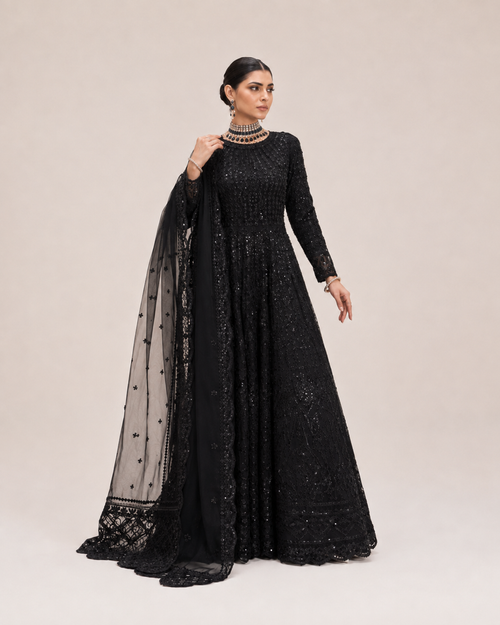 Midnight Noir Embellished Anarkali Gown with Sheer Dupatta