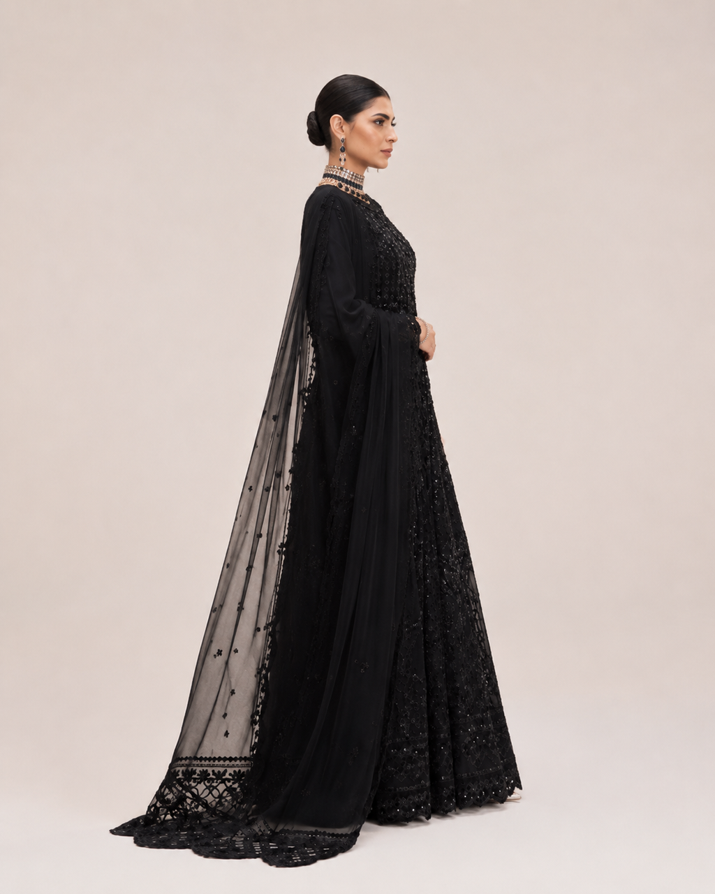 Midnight Noir Embellished Anarkali Gown with Sheer Dupatta