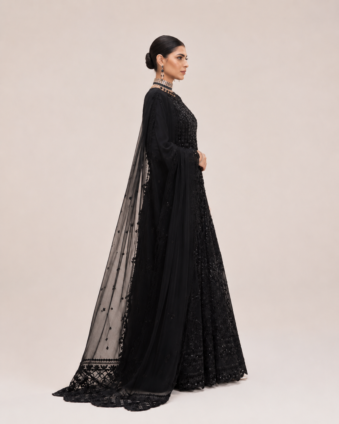 Midnight Noir Embellished Anarkali Gown with Sheer Dupatta