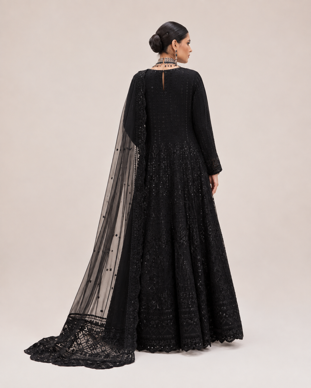 Midnight Noir Embellished Anarkali Gown with Sheer Dupatta