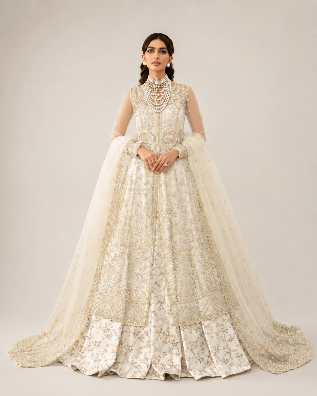 Ivory Elegance Embroidered Bridal Gown with Floral Lehenga & Dupatta