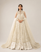 Ivory Elegance Embroidered Bridal Gown with Floral Lehenga & Dupatta
