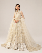 Ivory Elegance Embroidered Bridal Gown with Floral Lehenga & Dupatta