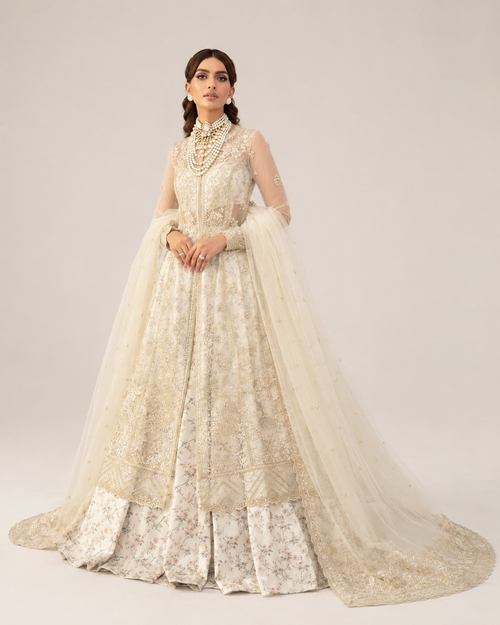 Ivory Elegance Embroidered Bridal Gown with Floral Lehenga & Dupatta