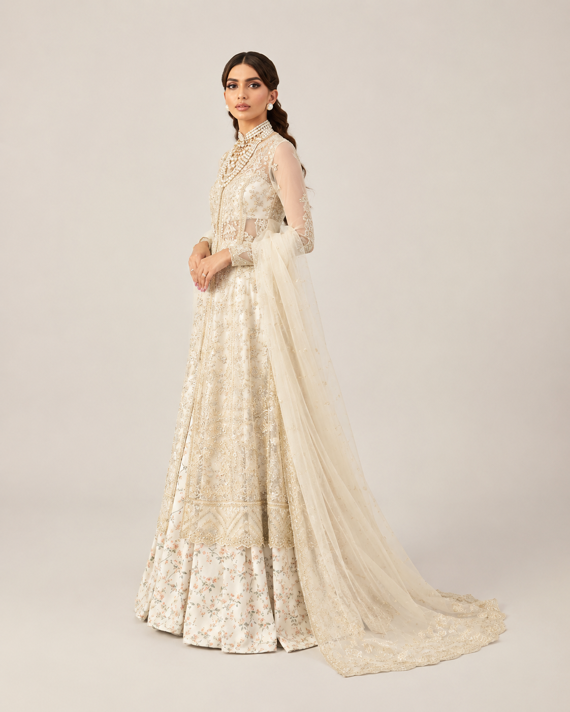 Ivory Elegance Embroidered Bridal Gown with Floral Lehenga & Dupatta