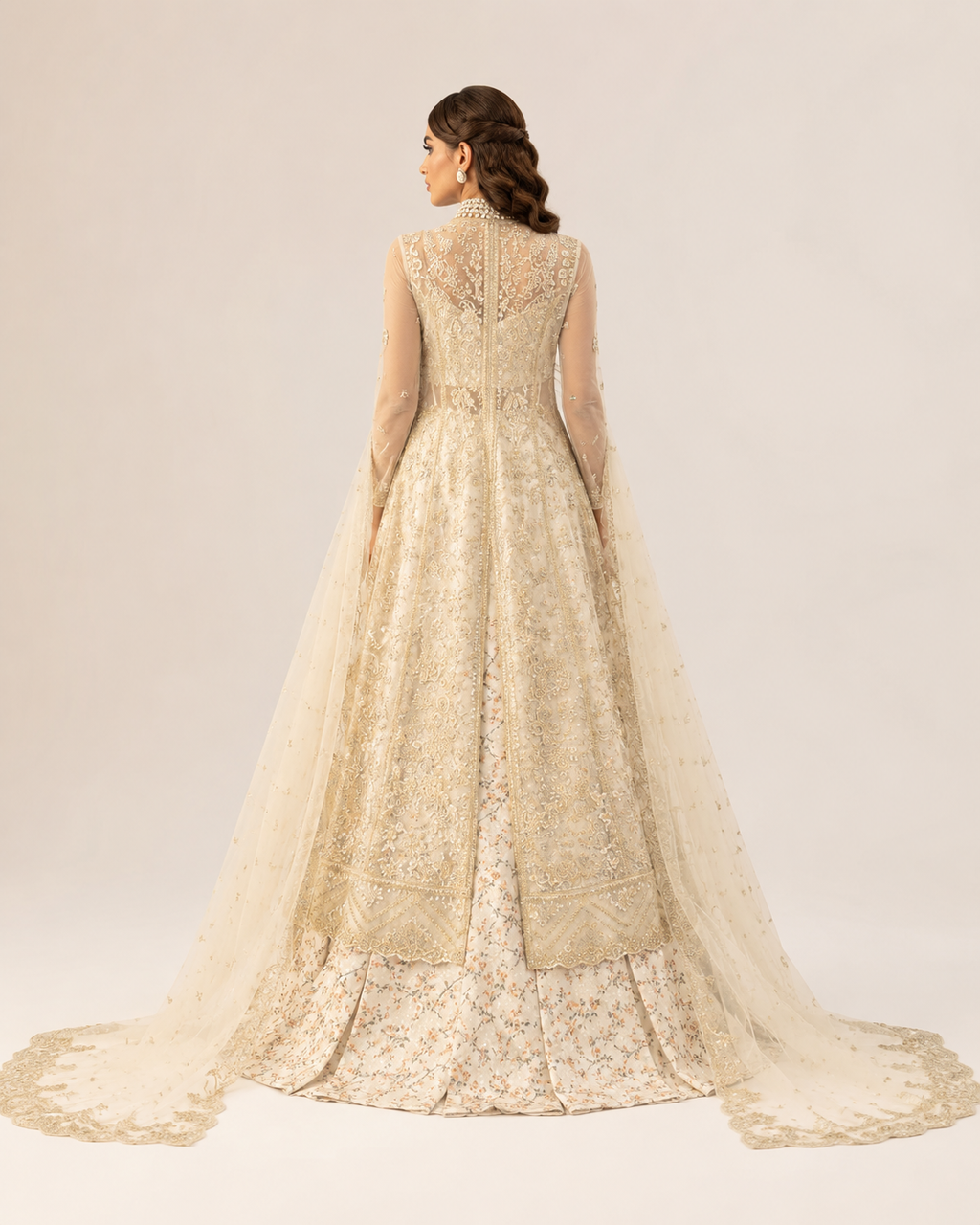 Ivory Elegance Embroidered Bridal Gown with Floral Lehenga & Dupatta